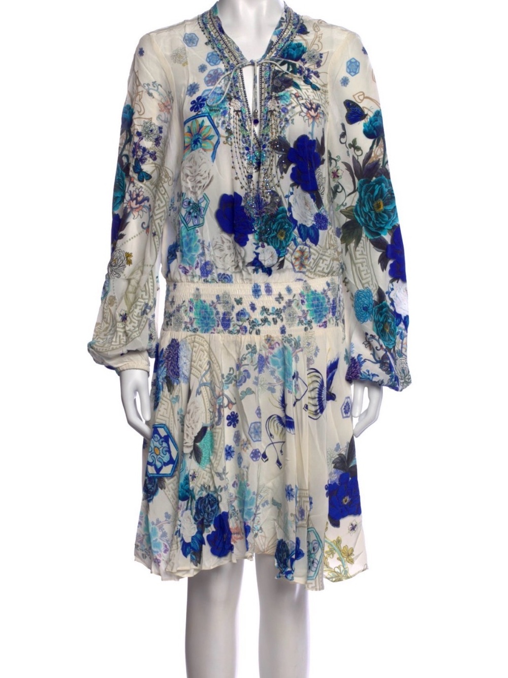 Camilla White Long Sleeve Floral Tie-Neck Dress with Blue Accents and crystals L